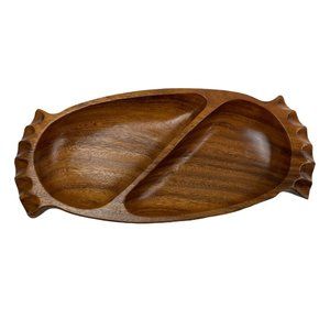 Vintage Leilani Monkey-Pod Wood Divided Serving Tray Bohemian Kitchen Dish 14.5"